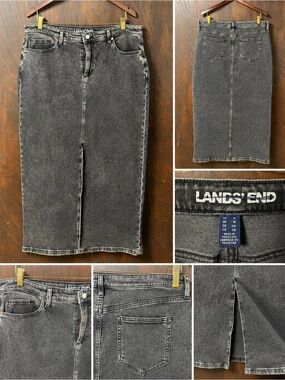 Lands' End Black Wash Denim Midi Pencil Skirt | Front Slit | Size 16